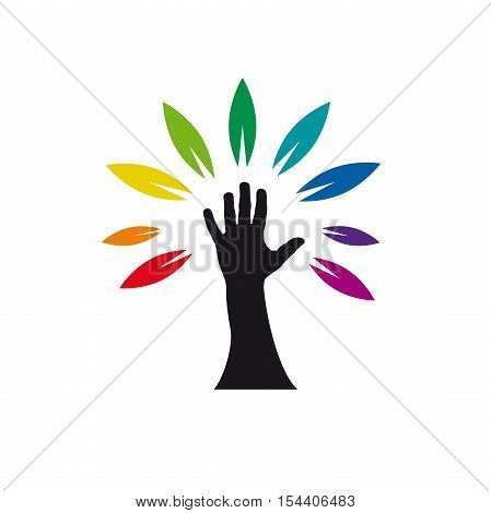Vector logo rainbow tree with hand, isolated illustration