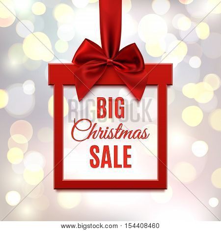 Big Christmas sale, square banner in form of  gift with red ribbon and bow, on blurred bokeh background. Brochure, greeting card or banner template. Vector illustration.