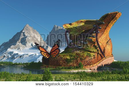 The Shoe and butterfly on the green lanshaft.,3d render