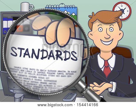 Standards. Business Man Sitting in Offiice and Holds Out a Paper with Inscription through Magnifying Glass. Multicolor Doodle Style Illustration.