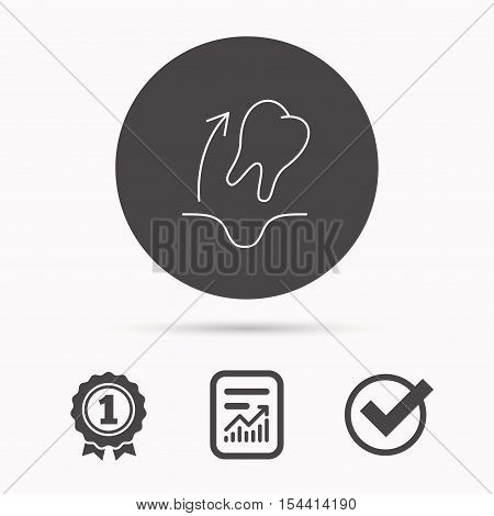 Tooth extraction icon. Dental paradontosis sign. Report document, winner award and tick. Round circle button with icon. Vector
