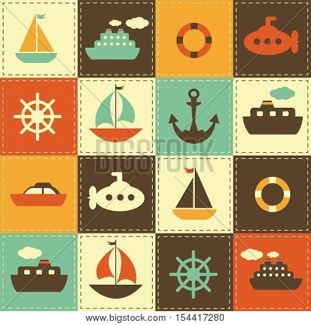 colorful patchwork background with toy sea transport