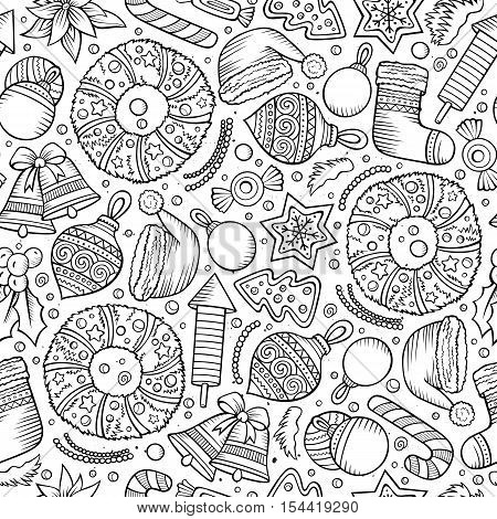 Cartoon cute hand drawn Xmass seamless pattern. Line art with lots of objects background. Endless funny vector illustration