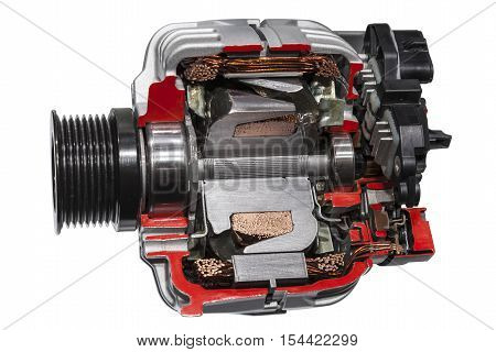 Automotive alternator cross section isolated on white background