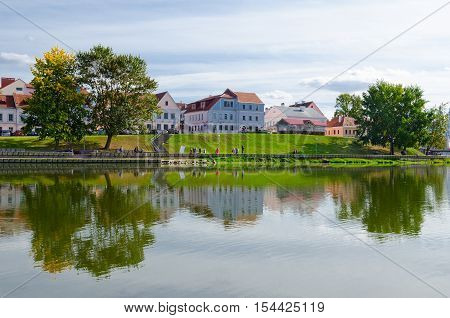 View of Trinity suburb on banks of river Svisloch Minsk Belarus