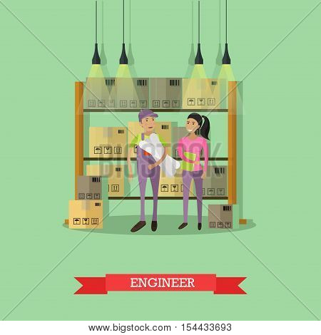 Logistic and delivery service concept banner. Warehouse workers. Vector illustration in flat cartoon style design. Delivery man working in warehouse and shipping products.