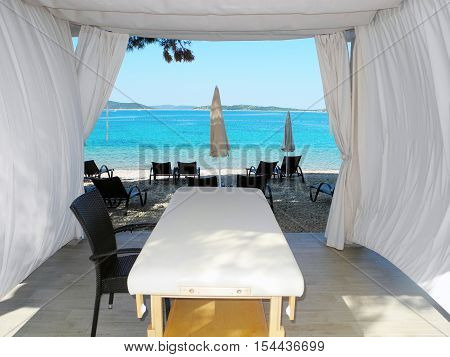 Seaview through the massage tent Vodice Croatia.