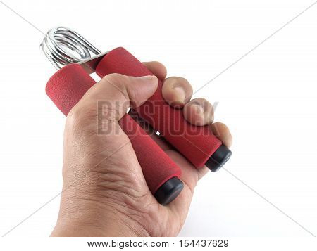 close-up man hand squeezing gripper exercise isolated on white background, spring grip for strengthen hand and fingers