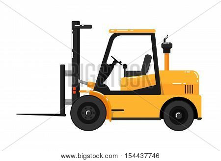 Yellow forklift truck isolated on white background vector illustration. Construction machine in flat design. Auto loader. Building equipment. Commercial vehicle.