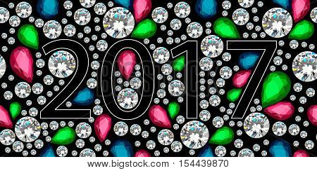 2017 Diamonds numbers with reflection. Happy New Year. Vector greeting card.