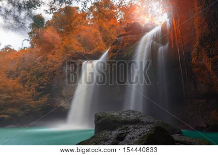 Amazing Beautiful Waterfalls In Autumn Forest At Haew Suwat Waterfall In Khao Yai National Park, Tha