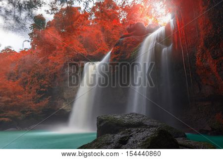 Amazing Beautiful Waterfalls In Autumn Forest At Haew Suwat Waterfall In Khao Yai National Park, Tha