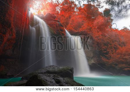 Amazing Beautiful Waterfalls In Autumn Forest At Haew Suwat Waterfall In Khao Yai National Park, Tha