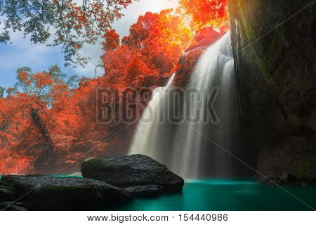 Amazing Beautiful Waterfalls In Autumn Forest At Haew Suwat Waterfall In Khao Yai National Park, Tha