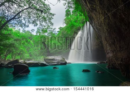 Amazing Beautiful Waterfalls In Tropical Forest At Haew Suwat Waterfall In Khao Yai National Park, T