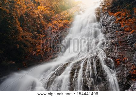 Amazing Beautiful Waterfalls In Autumn Forest At Sarika Waterfall In Nakhonnayok, Thailand.