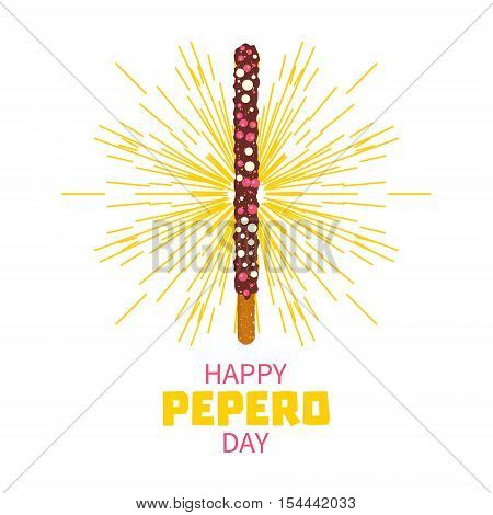 Happy Pepero Day card template with gold ray sunburst on white background. Korean assorted dipped chocolate sticks. Festive vector illustration.