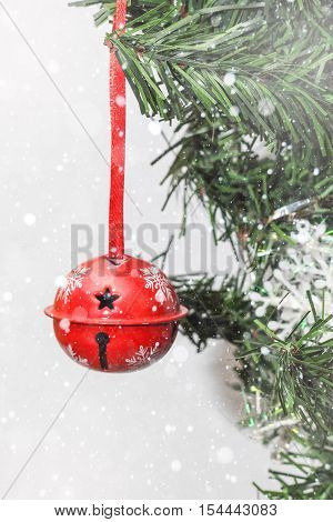 Christmas decorations on a Christmas tree under snow