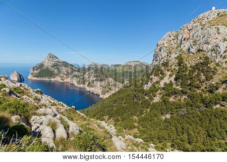 Coll Baix Beach. View from the high of the beautiful cliffed coast of Mallorca Spain.