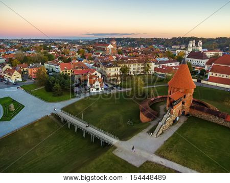 Kaunas, Lithuania: aerial top view of old town and castle in the autumn