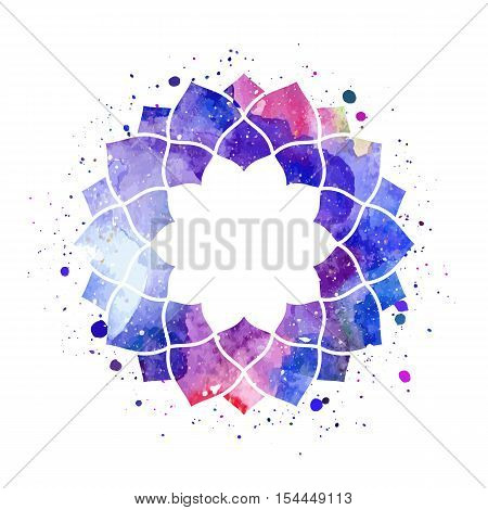Geometric mandala flower frame. Watercolor texture and splash. Colorful blue, purple, pink colors. Cosmic space texture. Vector illustration edited