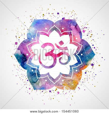 Om sign in lotus flower. Rainbow watercolor texture and splash . Vector isolated. Spiritual Buddhist, Hindu symbol
