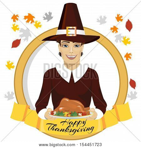 pilgrim man holding roasted turkey behind gold ribbon with happy thanksgiving text