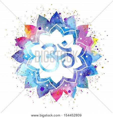 Om sign in lotus flower. Rainbow watercolor texture and splash. Vector isolated. Spiritual Buddhist, Hindu symbol