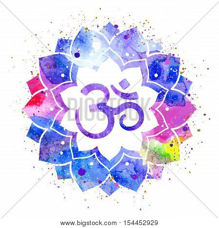 Om sign in lotus flower. Rainbow watercolor texture and splash. Vector isolated. Spiritual Buddhist, Hindu symbol