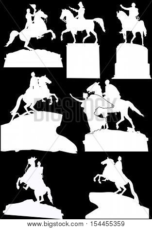 illustration with set of horseman statues isolated on black background