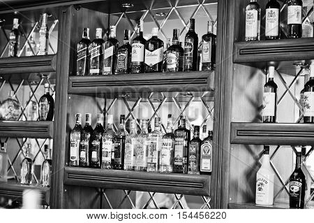 Hai, Ukraine - October 25, 2016: Several Types Of Bottled Alcohol Are Displayed On Some Shelves In A