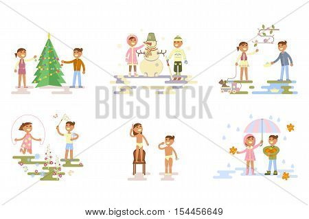 Set with children. Flat design, boy and girl in different places, poses and seasons. Autumn, winter, spring, summer. Cartoon characters, illustration vector