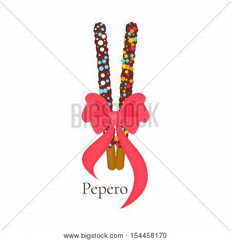 Pepero card design template with South Korean chocolate sticks and a bow. Assorted biscuits covered with chocolate and festive sprinkles on white background. Food vector illustration.