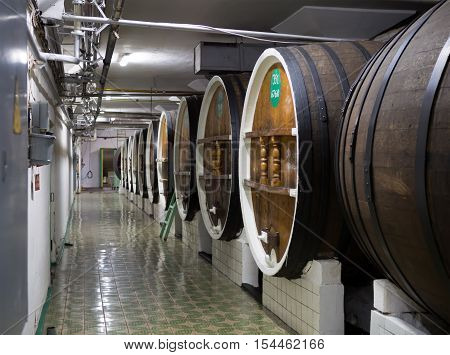 Massandra, Russia - November 09, 2015: Barrels of wine in the shop shutter speed and processing winery Massandra Crimea