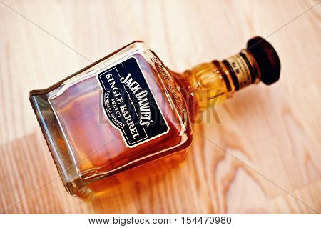 Hai, Ukraine - Circa May,2016: Bottle Of Whiskey Jack Daniels Single Barrel Select, On Wooden Backgr