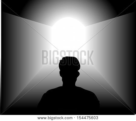 bright doors with man standing out of the light silhouette