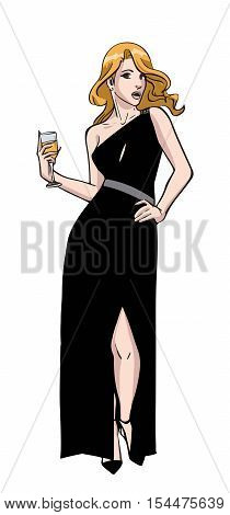 sexy woman with wine party black dress