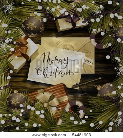 Christmas New Year design wooden background with christmas decorations candy canes snow and balls arranged in a frame with gift boxes and envelope for santa pen and handwritten Merry Christmas in old grange photo style.