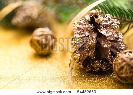 Christmas background. New year. 2017. tree, gold, cones, ornaments