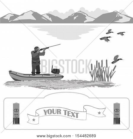 A man stands in a rubber boat and shoot a rifle. Ducks are flying. on the far background of mountains and clouds. Isolate on white background.