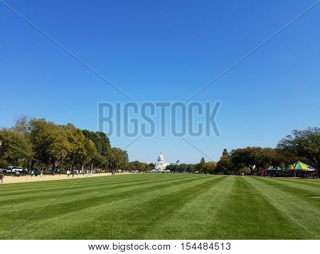 The National Mall lawn with the Western facade of the US Capitol Building in the background