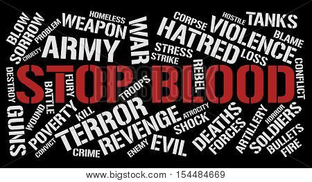 Stop blood word cloud concept. Black background.