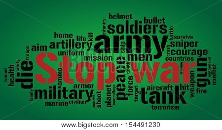 Stop war word cloud concept. Gradient green background.