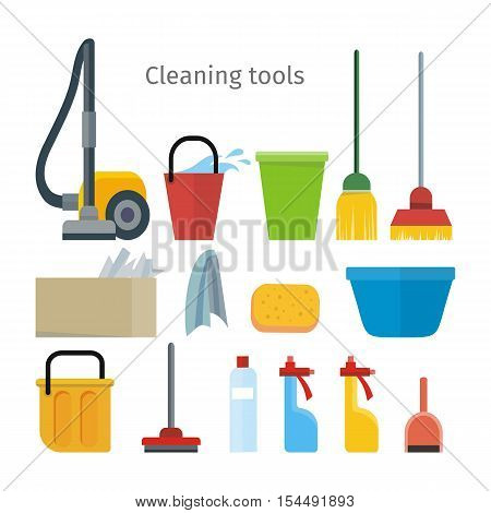 Cleaning tools isolated on white. Vacuum cleaner bucket broom duster sponge basin glass cleaner dustpan. Sign symbols of clean in house in flat style. House washing equipment. Vector illustration