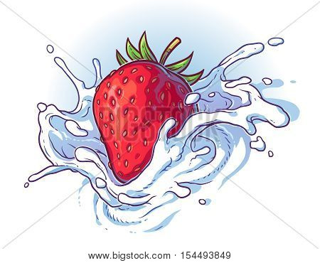 Delicious fresh strawberry falling into cream or milk. Vector illustration isolated on white background.