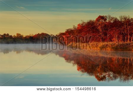 morning fog at lake plansee with colorful autumn trees