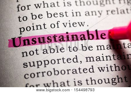 Fake Dictionary Dictionary definition of the word Unsustainable.