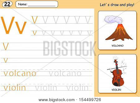 Cartoon Volcano And Violin. Alphabet Tracing Worksheet: Writing A-z And Educational Game For Kids