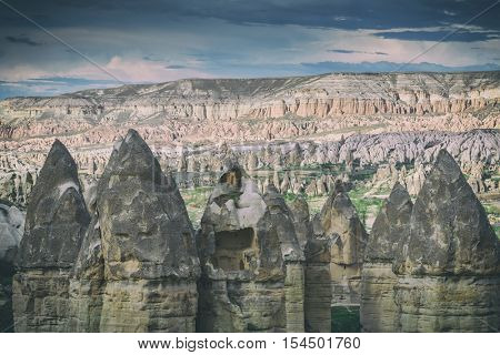 Famous Love valley in Cappadocia, Turkey, toned like Instagram filter