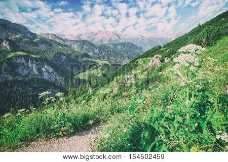 Beautiful view from top of cableway above the Konigsee lake on Schneibstein mountain ridge. Border of German and Austrian Alps, Europe. Toned like Instagram filter